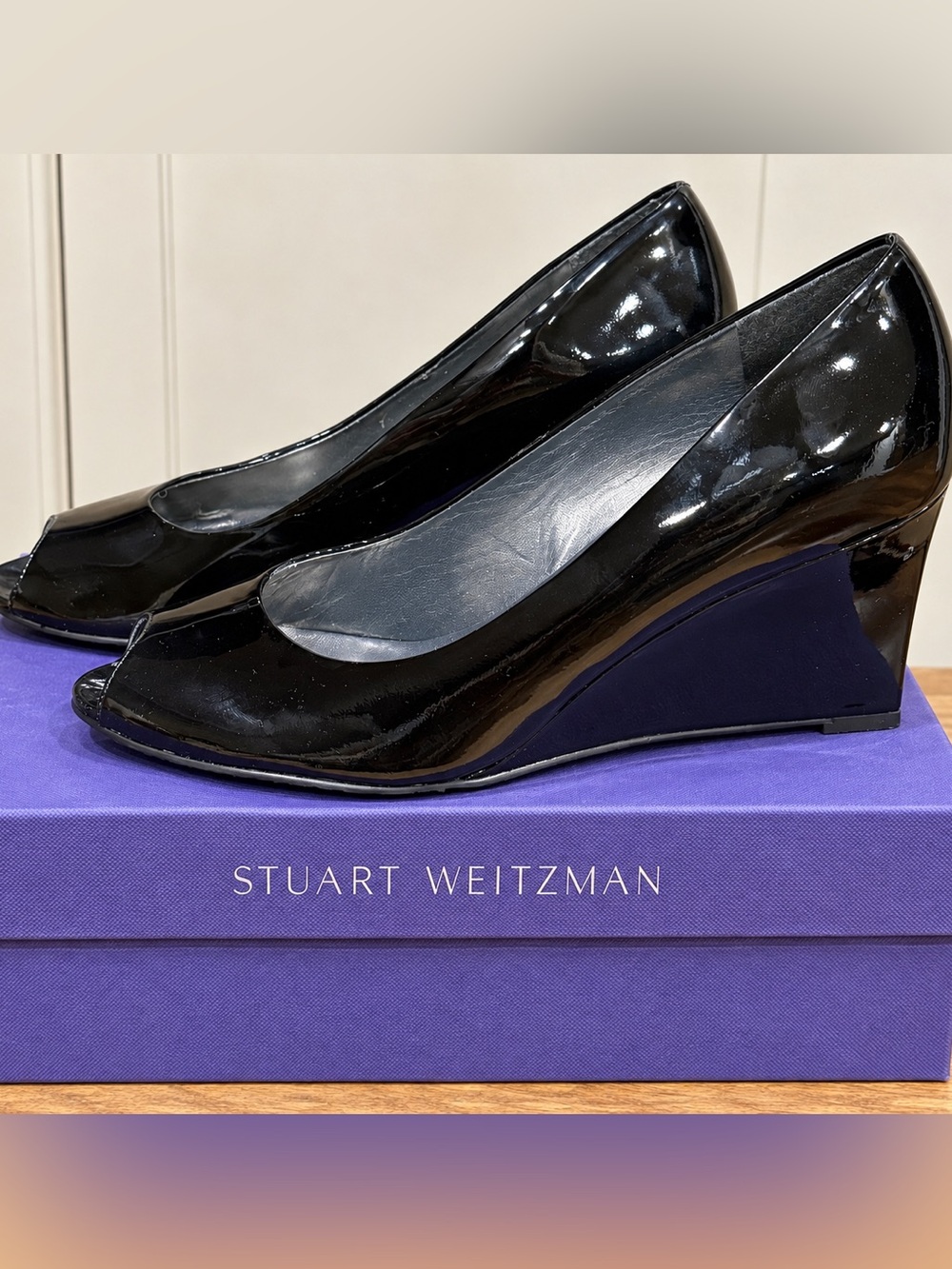 Stuart Weitzman Nuanna Black Patent Peep Toe Wedge Pumps 9M